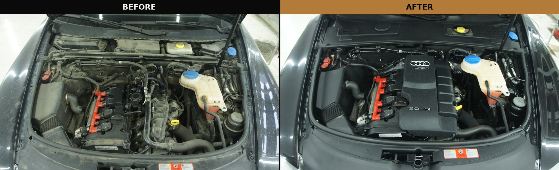Engine bay before and after cleaning — dusty grime-covered engine compartment transformed to a clean, dressed factory finish